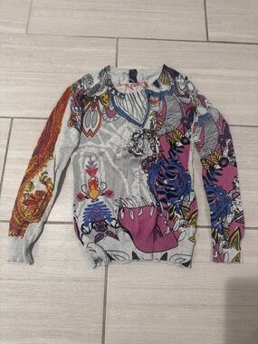 Desigual Mixed-Print Scoop Neck Sweater in Gray, Pink, Blue & Orange